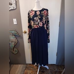 Celeste Modest Style Maxi Dress Womens L Navy Floral Side Pockets